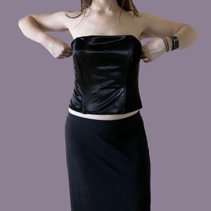 We Wore What black faux leather corset